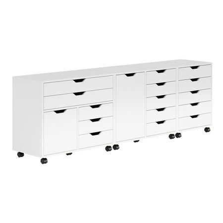 This Winsome Wood Halifax 3-Pc Cabinet Set is a multi-section storage with versatile organization. Three mobile units composed of a 3-section unit with 2 wide drawers, ideal for artwork, maps, or clothing that need to lay flat, three smaller drawers, and a lower cabinet. A double sectioned unit with 5-drawers on one side and a full-size cabinet on the other that opens to an adjustable/removeable shelf. And the third unit offers 5-drawers. Together, they offer versatile options that are ideal for storing knitting or sewing items, or kitchen towels and gadgets. Or use them in walk-in closets to expand your storage for clothing, linens, handbags, and other accessories. Each of the units features easy-glide drawers and cut-out handles for easy access. Its crisp white finish and clean, simple d Art Supply Storage Cabinet, Home Office And Craft Room Combo, Sewing Studio Space, Slim Bathroom Storage Cabinet, Office Craft Room Combo, Slim Bathroom Storage, Craft Storage Cabinets, Corner Storage Cabinet, Gardening Equipment