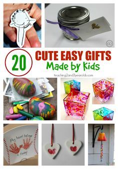 20 cute and easy gifts made by kids - some are so easy that even toddlers and preschoolers can make them! Perfect keepsakes for that someone special. From Teaching 2 and 3 Year Olds Gifts Made By Kids, Diy Christmas Gifts For Parents, Kid Made Christmas Gifts, Made Christmas Gifts, Parents Christmas, Christmas Gifts For Parents, Cadeau Parents, Preschool Gifts, Easy Christmas Gifts