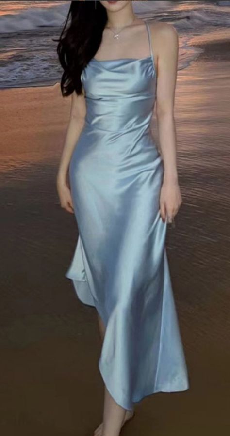 Aesthetic Blue Halter Silk Satin Maxi Dress. https://pradize.com/collection/classy-evening-maxi-dresses-long-formal?menu= Dresses With Ruffles Classy, Midi Prom Dresses, Light Blue Dress Outfit, Silk Blue Dress, Soft Blue Dress, Slate Blue Dress, Taco Man, Thrift Board, Long Silk Dress