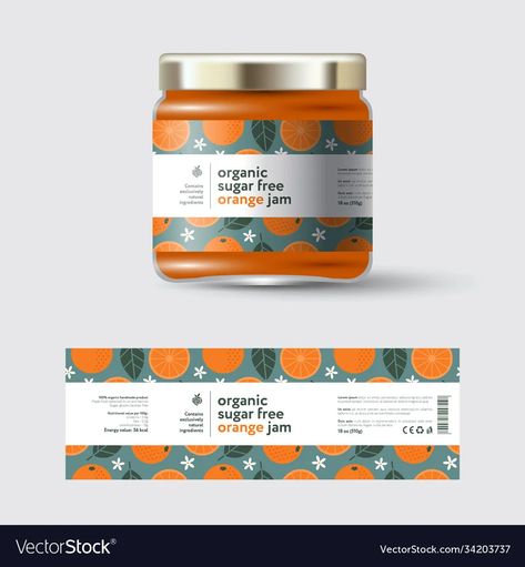 Jam orange label and packaging jar with cap vector image Logos, Jam Bottle Label Design, Strawberry Jam Label Design, Jam Jar Design Packaging, Jam Jar Labels Design, Jam Design Packaging, Jar Labels Design, Jar Sticker Design, Jam Packaging Design