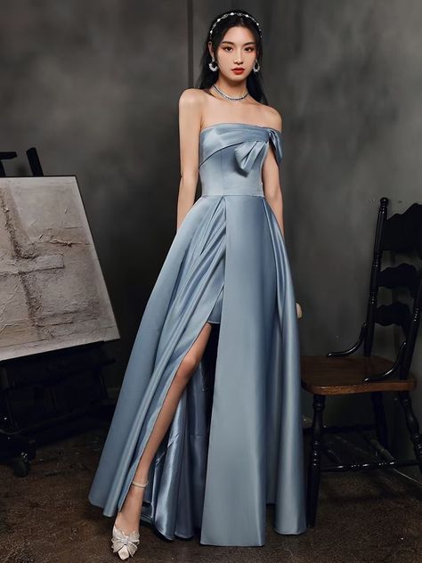 Periwinkle Long Dress, Blue Gray Dress, Bridesmaid Dresses Long Blue, Blue Long Prom Dress, Grey Blue Dress, Off Shoulder Evening Dress, Simple Prom Dress, Floor Length Prom Dresses, Blue Evening Dresses