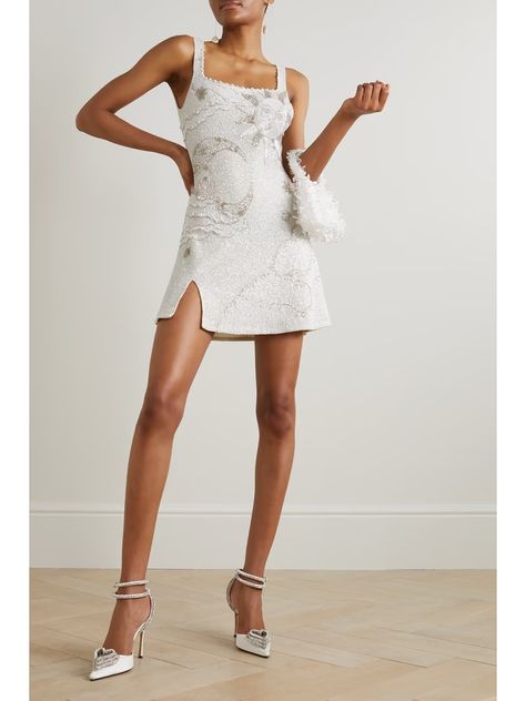 Bridal outfit: clothing, accessories, shoes | NET-A-PORTER Beaded White Dress Short, Short Sequin Bridal Dress, Bride Evening Outfit, Safiyaa Dresses, Clio Peppiatt, White Beaded Dress, Classic White Dress, Moon Dress, Mini Wedding Dresses