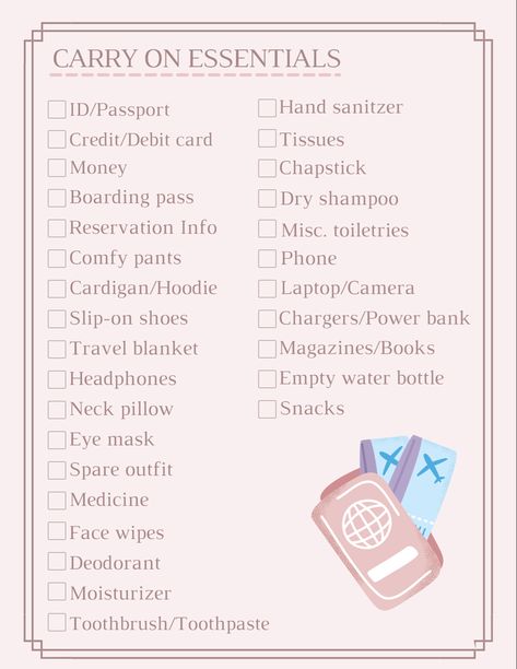 Not sure if your forgetting something? Here’s a printable list of everything you might need to put in your carry on. #essentials #vacation #minimalist #packinghacks #airplane #luggage Flight Trip Essentials, Essential For Travel Packing Lists, Things To Pack For Vacation Carry On, Packing List For Flight, Airplane Luggage Packing, Airplane Needs Tips, Organisation, Things To Pack In Your Carry On Bag, Necessities For Traveling