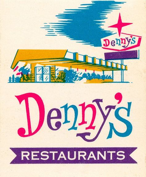 vintage colorful MidCentury Dennys advertisement. pink, purple, blue, yellow, green. 1950s diners, vintage ephemera matchbook illustrations Vintage Graphic Design, Retro Illustrations, Colorful Midcentury, Vintage Diner, Mid Century Illustration, Vintage Restaurant, Retro Advertising, Retro Ads, Retro Illustration