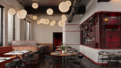 This café interior blends modern and industrial design elements. The space features warm wood tones, a mix of textures, and soft lighting from spherical pendant lights. The seating arrangement includes both cozy booths with vibrant red accents and sleek black chairs, complemented by the grid-patterned tiled wall and striking dark-red glass partitions. The neutral color palette is contrasted with bold red details and concrete textures, creating a balanced and inviting atmosphere.
#ModernInterior #IndustrialChic #WarmTones #ContemporaryCafe Contemporary Cafe, Monochromatic Interior, Chinese Theme, Hidden Art, Iconic Art, Restaurant Lounge, Art Deco Movement, Art Deco Buildings, Modern Chinese