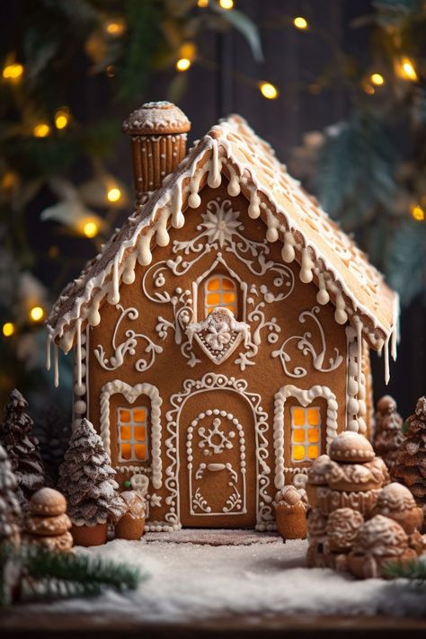 Natal, Essen, Gingerbread House Decorations Candy, Christmas Village Gingerbread, Gingerbread House Box Ideas, Woodland Gingerbread House, Gingerbread House From Scratch, Ginger Bread House Designs, Ikea Gingerbread House Ideas