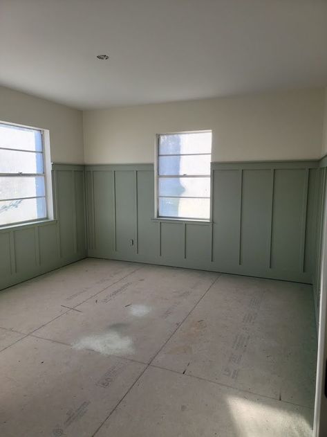 Small Bedroom Board And Batten, Board And Batten Evergreen Fog, Board And Batten Wall Green Bedroom, Sage Green Bedroom Board And Batten, Green Bedroom Board And Batten, Board And Batten All Walls, Board And Batten Revere Pewter, Batton Board Green, Green Wainscoting Hallway