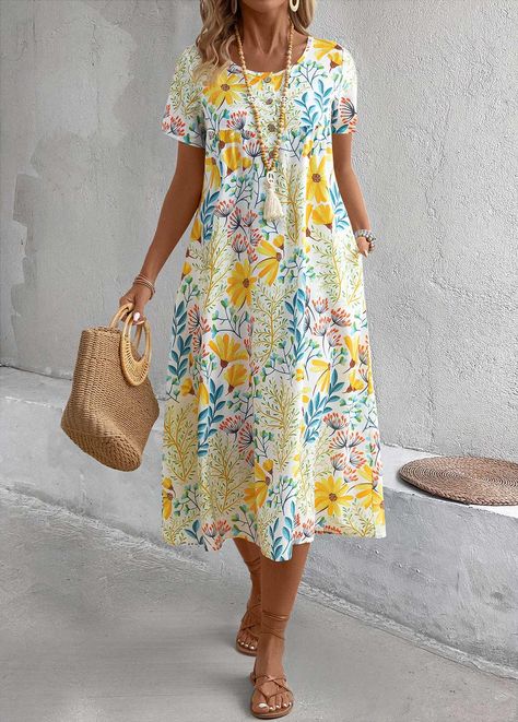 Yellow Pocket Floral Print A Line Short Sleeve Dress Women's A Line Dresses, Pocket Dress Pattern, Flowy Dress Casual, Easy Wear Dresses, Chic Summer Dresses, Sun Dress Casual, Sundresses Women, Short Sleeve Summer Dresses, Summer Dress Patterns