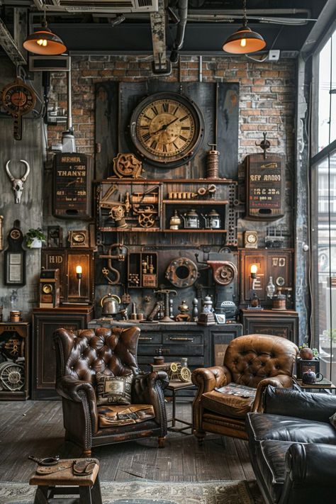 29 Industrial Living Room Ideas for Powerful Interiors - My Elegant Home Maximalist Industrial Decor, Cosy Industrial Living Room, House Aesthetic Pictures, Aesthetic Pictures Funny, Industrial Boutique, Industrial Living Room Ideas, Repurposed Antiques, Steampunk Bar, Salvaged Wood Furniture