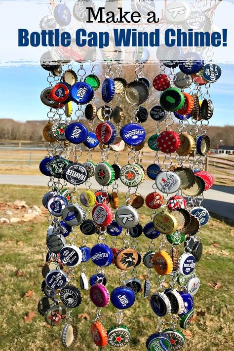 How to make a wind chime out of recycled bottle caps. This is a great way to create a colorful vintage look wind chime that can be used indoor or out. A fun trash to treasure project! #Kenarry #IdeasForTheHome Beer Bottle Upcycle, Upcycling, Bottle Cap Top, Beer Cap Diy Projects, Beer Bottle Wind Chimes Diy, Bottle Cap Wind Chime Diy, Bottle Cap Art Diy, Diy Beer Bottle Cap Crafts, Bottle Caps Ideas