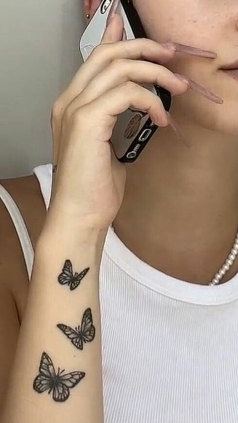 Butterfly On Forearm, Womens Tattoos Hand, Butterfly Tattoo Outer Arm, 3 Small Butterfly Tattoo On Arm, Small Tattoos For Women Aesthetic, Forearm Tattoo Women Butterflies, Butterfly Arm Tattoos For Women Forearm, Knee Women’s Tattoo, Butterflies Forearm Tattoo