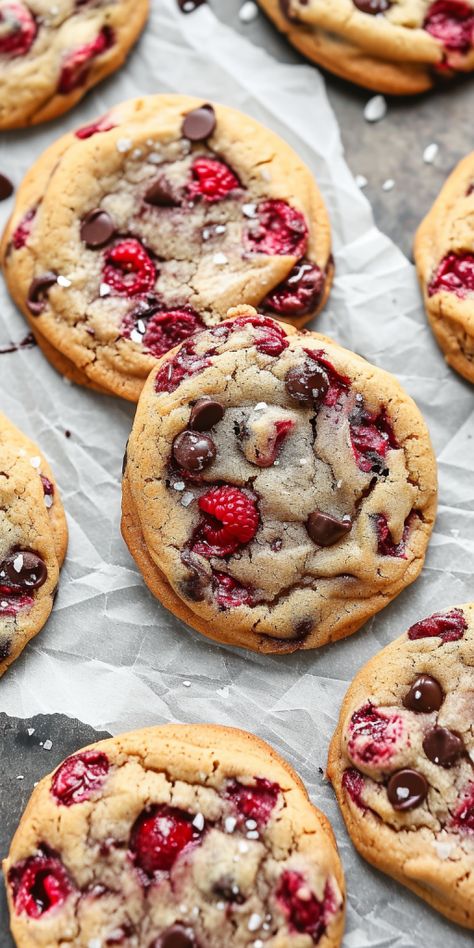 Snack Sweet Ideas, Chocolate Chip Raspberry Cookies, Raspberry And Chocolate Cookies, Best Cookie Desserts, Raspberry Dark Chocolate Cookies, Sweet Recipes Chocolate, Aesthetic Delicious Food, Strawberry Desserts Chocolate, Easy Quick Things To Bake