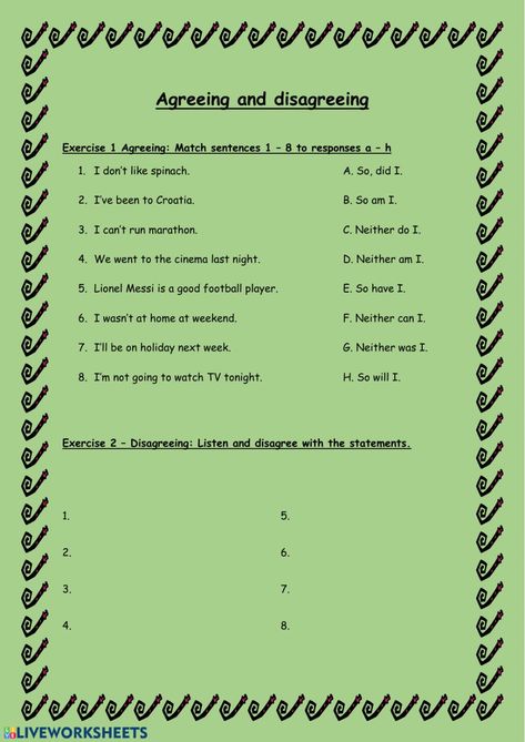 Agreeing and Disagreeing worksheet Agree And Disagree Activities, Agreeing And Disagreeing, Punctuation Worksheets, Agree To Disagree, English Worksheet, English Exercises, Go To The Cinema, English As A Second Language (esl), Speaking Skills