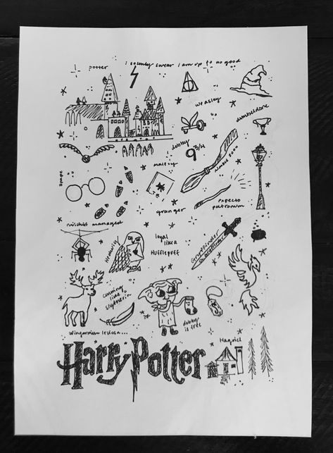 Harry Potter doodles Kawaii, Harry Potter Items Drawing, Harry Potter Line Drawing, Harry Potter Drawings Pencil, Harry Potter Line Art, Doodling Drawings Easy, Harry Potter Doodles, Harry Potter Drawings Easy, Harry Potter Lines