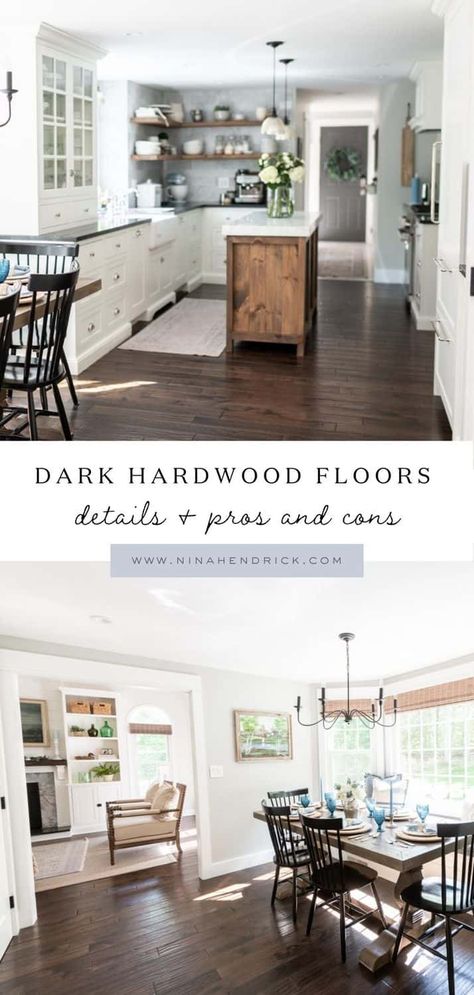 Dark Wood Floors Farmhouse, Dark Flooring Kitchen Ideas, Kitchen Table With Dark Wood Floors, Darker Wood Floors Kitchen, Dark Wood Floors With Light Wood Accents, Dark Wood Floor In Kitchen, Home Decor For Dark Wood Floors, Modern Kitchen With Dark Wood Floors, Kitchen Colors Schemes Dark Floors