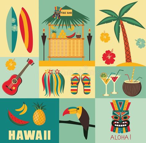 Hawaii Symbols and Icons. stock illustration Hawaii Cartoon Art, Retro Summer Illustration, Hawaii Symbols, Hawaii Icons, Hawaiian Illustration, Hawaii Illustration, Kawaii Hawaii, Maori Symbols, Hawaii Design