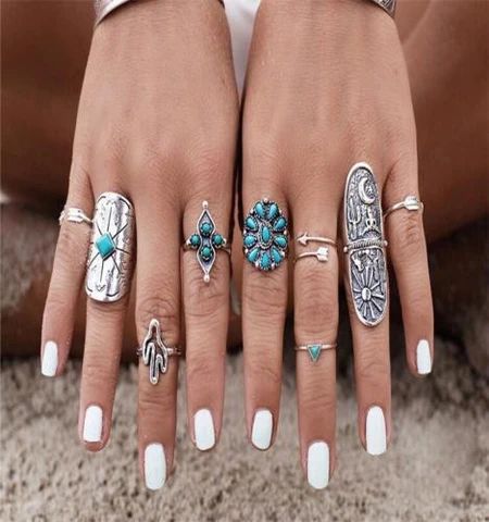 Boho Ring Set, Rings Vintage Boho, Stacked Rings Boho, Unique Engagement Rings Rose Gold, Vintage Engagement Rings Art Deco, Boho Turquoise, Ring Sets Boho, Knuckle Ring, Turquoise Boho