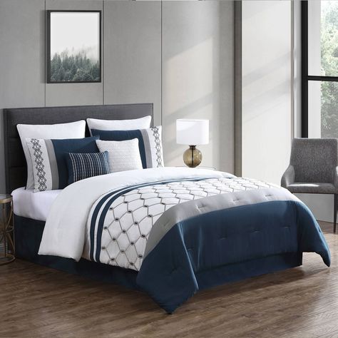 Navy Blue And Gray Bedding, Peacock Blue Bedding, Blue And Grey Bedding Ideas, Navy Gray And White Bedroom, Blue And Gray Master Bedrooms Decor, Navy Comforter Bedroom Room Ideas, Navy And Gray Bedroom, Gray And Teal Bedroom Ideas, Light Blue And Grey Bedroom