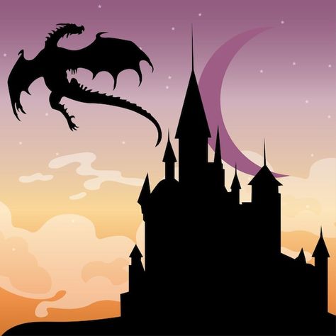 Castle With Dragon Drawing, Easy Fantasy Art, Silhouette Castle, Castle With Dragon, Dragon And Castle, Castle Mural, Lantern Drawing, Sillouette Art, Stars Poster