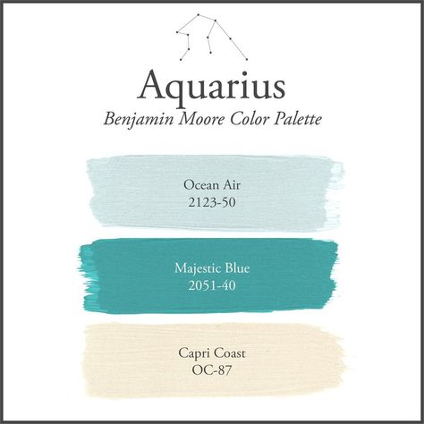 Benjamin Moore on Instagram: “Despite being an Air sign, wise and independent #Aquarius is captivated by nature, especially the water, and they let their worries float…” Palette Wall, Cumulus Clouds, The Aquarius, Best Workout Plan, House Color Palettes, Touch Of Gray, Ocean Air, Paint Color Palettes, Benjamin Moore Colors