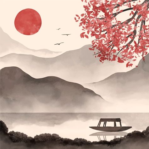Free vector watercolor chinese style ill... | Free Vector #Freepik #freevector #japanese-painting #chinese-mountain #chinese-watercolor #chinese-painting Free Style Painting, Chinese Watercolor Landscape, Watercolor Asian Art, Landscape Japanese Art, Japanese Paintings Traditional, Simple Chinese Painting, Asian Watercolor Art, Japanese Illustration Traditional, Asian Watercolor Paintings