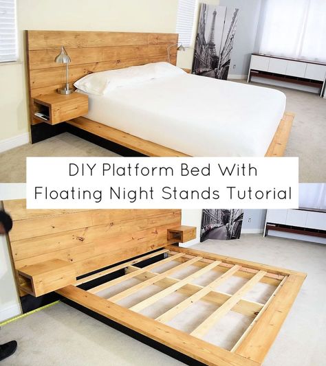 DIY Platform Bed With Floating Night Stands Tutorial Floating Night Stands, Diy Platform Bed Frame, Simple Bed Designs, Bed Frame Plans, Platform Bed Designs, Floating Bed Frame, Diy Platform Bed, Bed Platform, Bed Frame Design