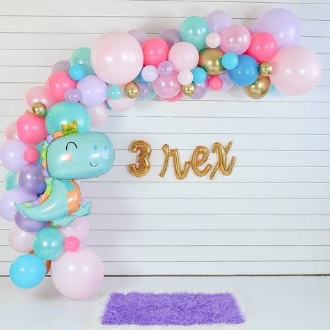 Dino Princess Party, Dinosaur Princess Party, Three Rex Birthday Party Girl, 3rd Birthday Party For Girls Ideas, Princess Balloon Garland, Dinosaur Birthday Party Girl, Girls Dinosaur Birthday Party, Third Birthday Theme, Girl Dinosaur Birthday Party