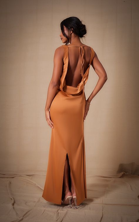 Copper Bridesmaid, Long Occasion Dresses, Cowl Neck Maxi Dress, Bridesmaid Satin, Orange Bridesmaid, Orange Bridesmaid Dresses, Formal Dresses Graduation, Outfits For Mexico, Miami Outfits