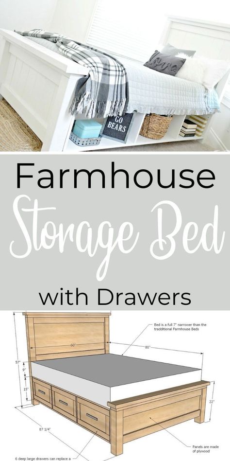 Build your own Farmhouse bed with storage shelves or optional drawers, in twin and full sizes. Perfect for adding storage to kids rooms. Step by step plans and diagrams from Ana White. Diy Farmhouse Bed, Asma Kat, Farmhouse Bed, Unique Woodworking, Diy Bed Frame, Small Woodworking Projects, Farmhouse Bedding, Easy Wood Projects, Bed Plans