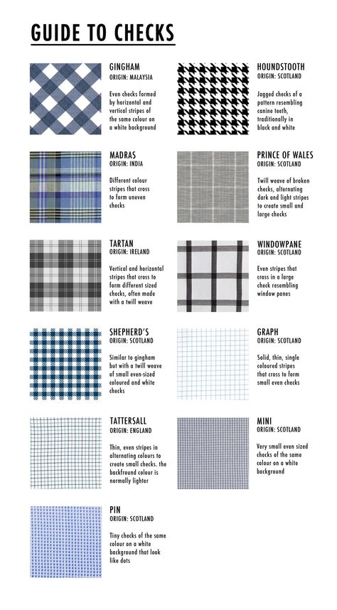 A guide I made to show the different types of checks let me know if you want more like this Couture, Clothing Fabric Patterns, Textile Pattern Design Fashion, Fashion Terminology, Fashion Illustrations Techniques, Fashion Terms, Fashion Illustration Sketches Dresses, Fashion Design Patterns, Fashion Vocabulary