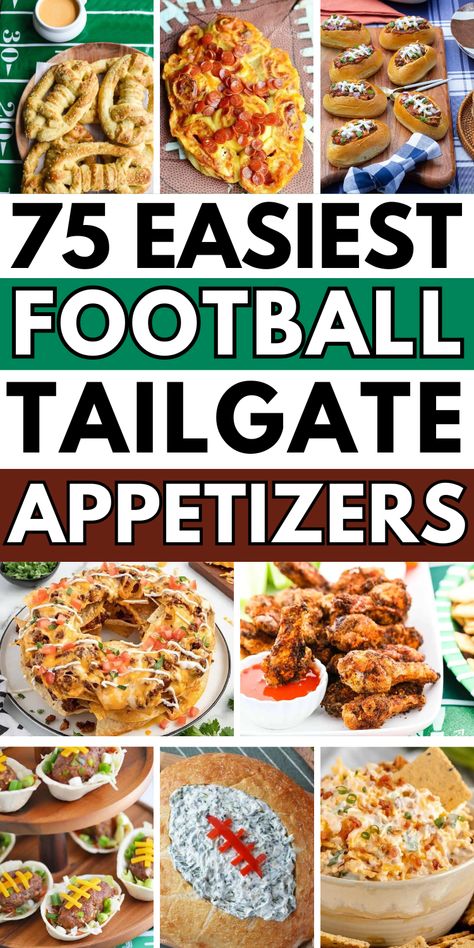 Football tailgate appetizers for a football party at home or to travel with on game day. Appetizer Recipes Tailgate, Best Football Appetizers Easy, Football Party Food Themes, Easy Football Apps, Appetizer Recipes Football Game, Football Night Food, 30+ The Best Football Party Food, Smoker Tailgate Food, Best Tailgate Appetizers