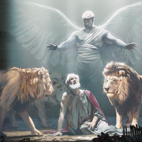 Daniel 6:22 - "My God sent his angel and shut the mouth of the lions, and they have not harmed me, for I was found innocent before him.." Archanděl Michael, Angelo Guerriero, Daniel In The Lion's Den, Santi Cattolici, Prophetic Art, Ayat Alkitab, Biblical Art, Lion Of Judah, Jesus Is Lord