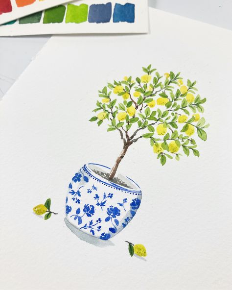 Paint a perfect watercolour lemon tree in a blue and white pot on my youtube channel right now. Click the link to watch! Lemons Watercolour Painting, Watercolour Lemon Tree, Lemon Tree Watercolor, Lemon Tree Painting, Watercolour Lemon, Lemons Watercolor, Tree Painting Easy, Watercolor Flowers Card, Ocean Paintings