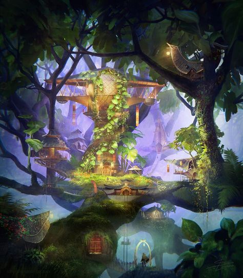 Tree Village - Artwork / Finished Projects - Blender Artists Community Village In The Forest, Fairy Wonderland, Village Drawing, Tree Village, Forest Village, Fantasy Tree, Fairy Village, Giant Tree, Adventure Inspiration