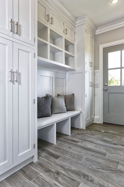 mudroom 7 Tall Storage Closet, Entry From Garage To Kitchen, Long Laundry Mud Room Ideas, Best Mud Room Ideas, Entree Way Ideas, Breezeway To Mudroom, Laundry Room Foyer Ideas, Built In House Ideas, Lake House Mudroom Ideas