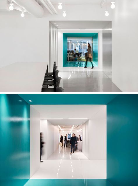 This contemporary and open-concept office design is mostly white, however bold pops of color have been used to define various areas throughout the interior. #Workplace #OfficeDesign #InteriorDesign #Office #Colors Open Concept Office, Bright Office, Office Design Trends, Contemporary Office Design, Corporate Interior Design, Medical Office Design, Office Architecture, Office Interior Design Modern, Interior Design School