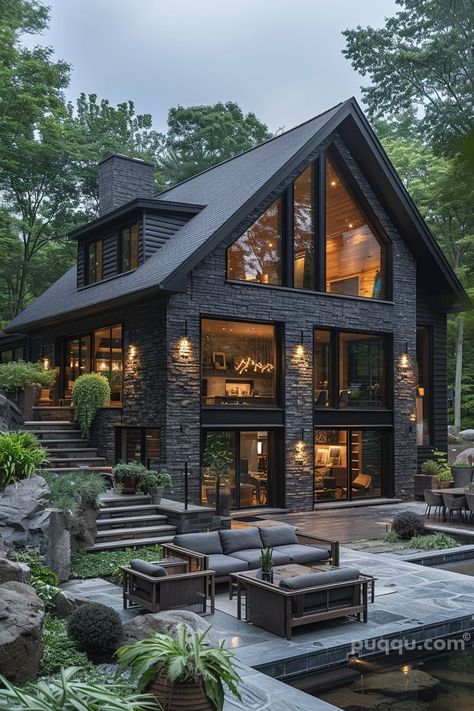 Black Brick House: Timeless Elegance for Your Home - Puqqu House Exterior Medium Size, House Designs Exterior Brick, Two Story Cottage Exterior, Black House Exterior With Brick, Black Siding Exterior With Wood, Wood And Black House, Lakefront Homes Plans, Glass Mountain House, Cabin On A Hill