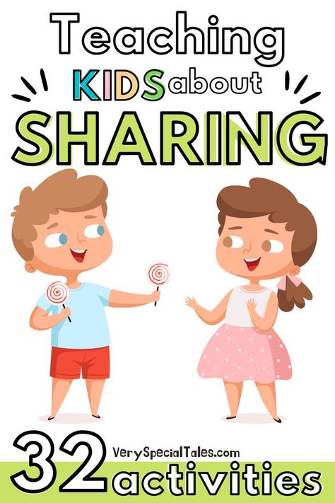 Kids sharing lollipops and a title that reads "Teaching Kids about Sharing. 32 Activities" Sharing And Caring Activity For Kids, Sharing For Preschoolers, Interactive Activities For Preschoolers, Kindergarten Sharing Activities, Sharing And Caring Preschool Activities, Sharing Activity Preschool, Sel Activities Preschool, Life Skills For Kids Activities, Sharing Lessons Preschool