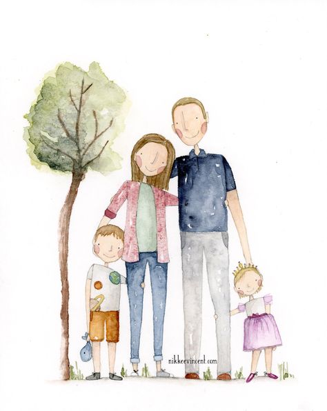 Sweet Family Portrait  www.nikkeevincent.com How To Draw Family Portrait, Family Picture Painting, My Family Illustration, Drawn Family Portrait, Art Family Drawing, Family Of Four Illustration, Family Portrait Painting Ideas, Family Portraits Illustration, Family Illustration Art Inspiration