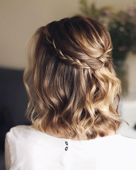 Bob Wedding Hairstyles: 30 Looks For 2022 [Guide & FAQs] Half Up Short Bridal Hair, Bride Hair With Headpiece, Long Fine Blonde Hairstyles, Short Wavy Half Up Hairstyles, Bridesmaid Hair Blonde Medium Length, Waterfall Braid Bridal Hair, Short Hair Upstyles Wedding, Short Red Hair Wedding Hairstyles, Partial Hair Updos Simple