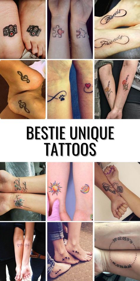 25 Unique Bestie Tattoos: Matching Designs for Small and Cute Finger Ink Deep Meaning Matching Tattoos, Small Tattoos For Best Friends Unique, Best Friend Forearm Tattoos, Symbols For Best Friends, Tattoos For Besties Friendship, Mini Bff Tattoos, Best Friend Line Tattoo, Matching Best Friend Book Tattoos, Matching Sister Tattoos Small