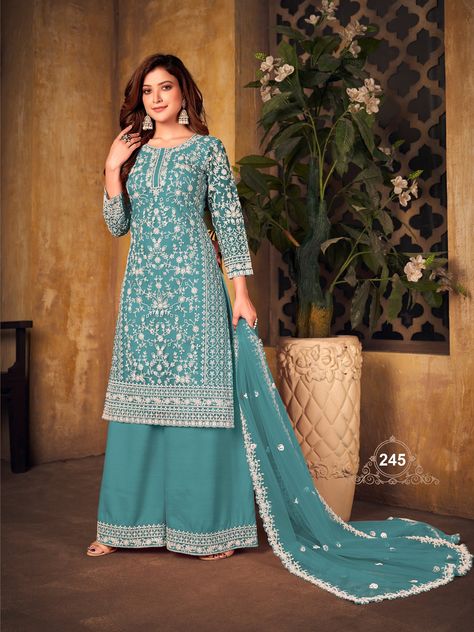 ➤ This is a Custom And Handmade Pakistani Salwar Kameez Palazzo Suit. ➤ Fabric Details :- ➤ Top Fabric : ✦ Top :- Heavy Net ✦ Inner :- Santoon  ✦ Work :- Designer Embroidery Cording Work  ✦ Top Length :- 41 Inch  ✦ Style :- Salwar Suit ➤ Bottom Fabric : ✦ Palazzo :- Santoon ✦  Work : Embroidery Cording Lace Work  ✦ Bottom Length :- 39 Inch  ✦ Style :- Palazzo Suit ➤ Dupatta Fabric : ✦ Dupatta :- Heavy Net ✦ Work :- Net Dupatta 4 Side Embroidery Cording Work  Style  : Designer Pakistani Suit Type   : Reay To Wear Weight : 1.0Kg Wash    : First time Dry clean  ➤ Please feel free to contact us for any query, we love to hear from you.  ➤ Disclaimer:  ✦ There might be slight color tone variation due to different mobile display resolution and photographic lighting ➤ CUSTOM POLICY : ✦ Any custom Light Purple Suit Women Indian, Lavender Suits For Women Indian, Anarkali Lehenga Gowns, Purple Dupatta, Heavy Suit, Plazo Set, Arab Dress, Indian Ethnic Wear For Women, Purple Bottom