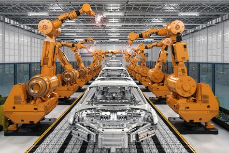 Robotic arms in a production line at an automotive manufacturing factory Cloud Computing, Robot Programming, Car Factory, Robotic Automation, Industrial Robots, Manufacturing Factory, Robot Arm, Assembly Line, Robotics
