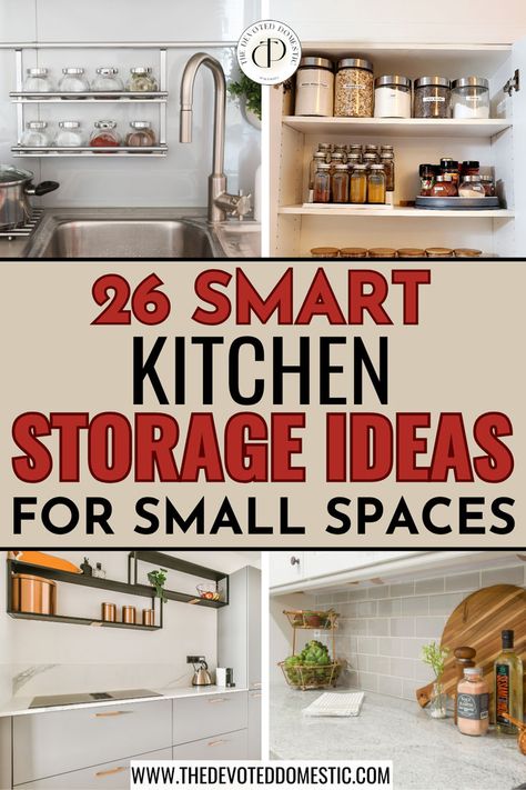 I wish I knew about these 26 smart kitchen storage ideas for small spaces!! These GENIUS & non-damaging small kitchen storage ideas solved ALL of my space problems & helped me create more space for my stuff in my cabinets, on the countertop & I even got a rolling kitchen island which is basically an extra surface + storage unit! Smart Kitchen Design Ideas, Apartment Kitchen Storage Ideas, Smart Kitchen Storage, Small Kitchen Storage Solutions, Small Kitchen Hacks, Small House Storage, Små Rum Lidt Plads, Storage Ideas For Small Spaces, Cabinet Inspiration