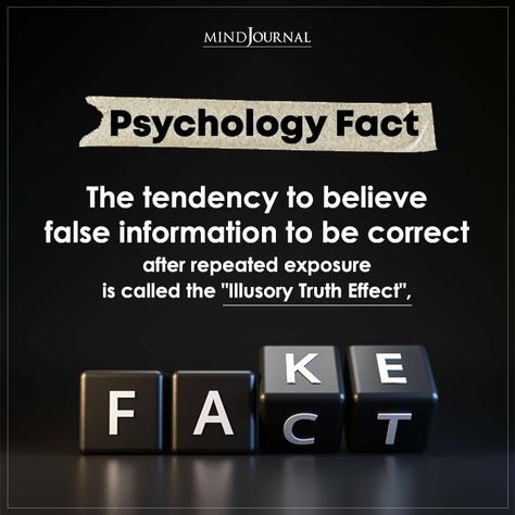 The tendency to believe false information to be correct after repeated exposure is called the “Illusory Truth Effect”. #facts #psychology #didyouknow Illusory Truth Effect, Kawaii, Therapy Worksheets, Facts Psychology, False Information, Logical Fallacies, Cognitive Psychology, Cognitive Bias, Evidence Based Practice