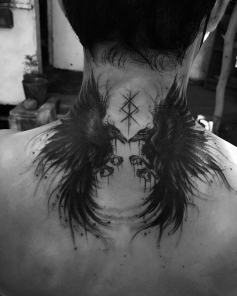 Neck To Back Tattoo Men, Pagan Wolf Tattoo, Viking Neck Tattoos For Men, Norse Neck Tattoos For Men, Tattoo Ideas For Men Nordic, Throat Tattoo Norse, Neck Viking Tattoo, Viking Tattoo Ideas For Men Back, Pagan Neck Tattoo