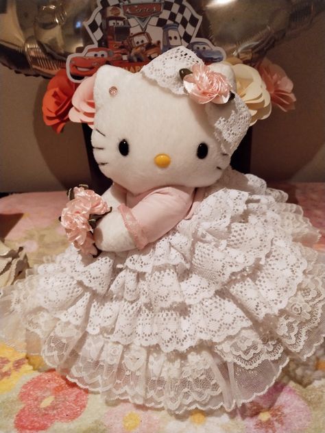 Hello kitty handmade dress ❤ Hello Kitty Plush Pink, Pink Hello Kitty Quinceanera Dresses, Quinceanera Dresses Hello Kitty, Hello Kitty In A Dress, Quince Hello Kitty Theme, Quinceanera Flower Decorations, Champagne And Blush Quinceanera Theme, Quinceanera Hello Kitty Doll, Hello Kitty Quince Dress