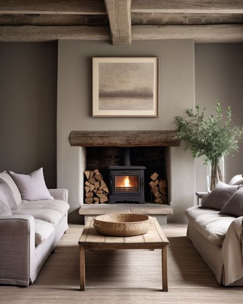 A Farmhouse Minimalist Living Room Wood Burner Fireplace, 90s Decor, Taupe Walls, Wooden Fireplace, Inspired Interiors, In The Middle Of Nowhere, Open Fireplace, Middle Of Nowhere, Log Burner