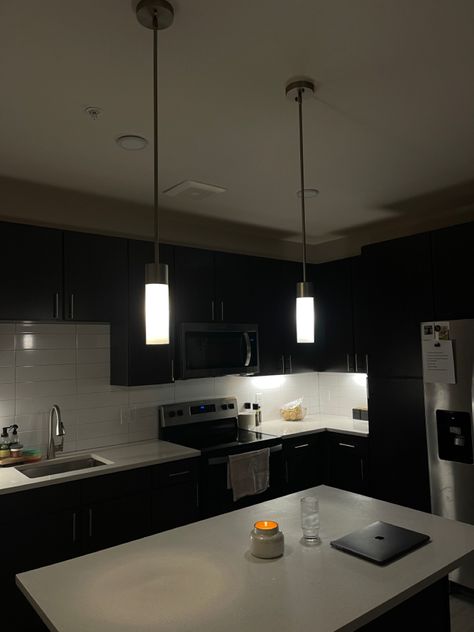 Modern Condo Aesthetic, Kitchen Modern Aesthetic, Led Apartment Kitchen, Apartment Inspiration Cozy Kitchen, Clean Hotel Aesthetic, High Rise Apartment Kitchen, Night Kitchen Aesthetic, Single Apartment Aesthetic, Kitchen Night Aesthetic