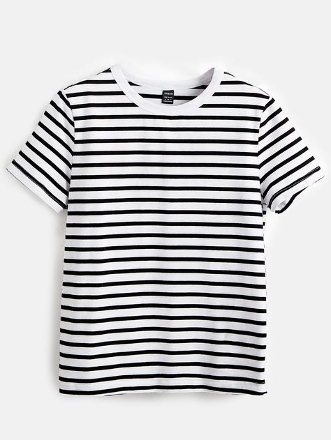 Manche, White And Black Striped Shirt Outfit, Black Striped Shirt Outfit, Outfits With Striped Shirts, Printed Tee Women, Shein Basics, Black Striped Shirt, Black And White Tees, White Stripes Shirt